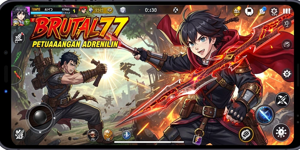 Screenshot BRUTAL77 menampilkan karakter anime dalam pertempuran yang epik.