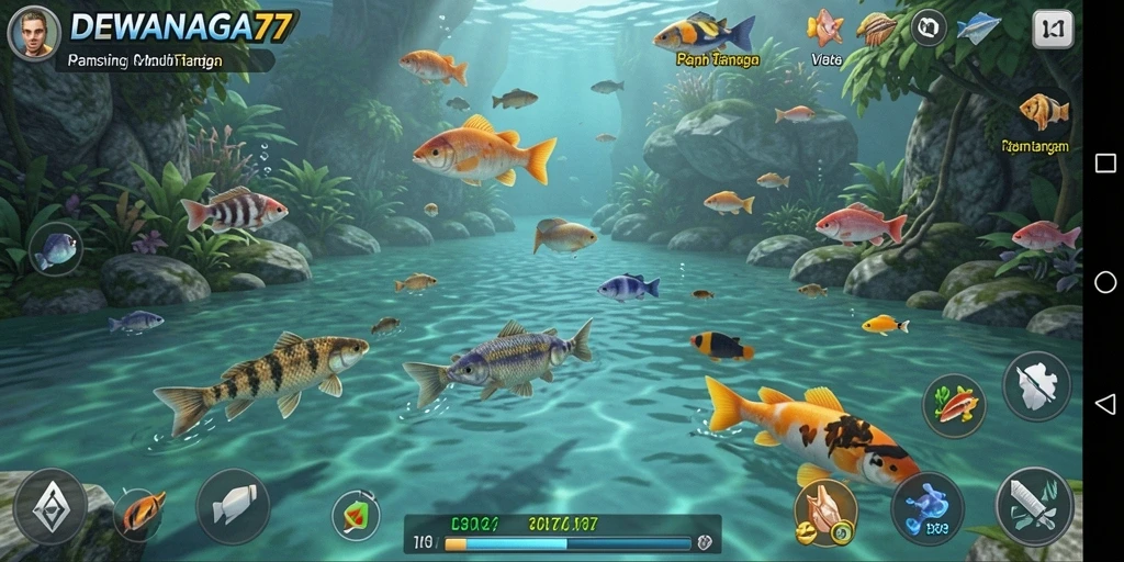 Tampilan gameplay DEWANAGA77 yang menarik saat memancing ikan.