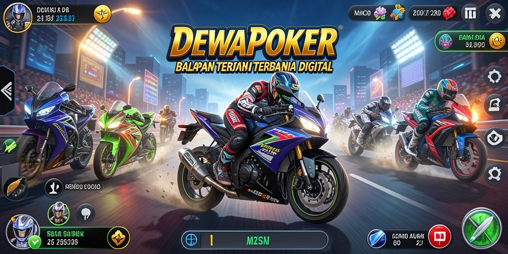 Tampilan gameplay mendebarkan dari DEWAPOKER di trek balap motor.