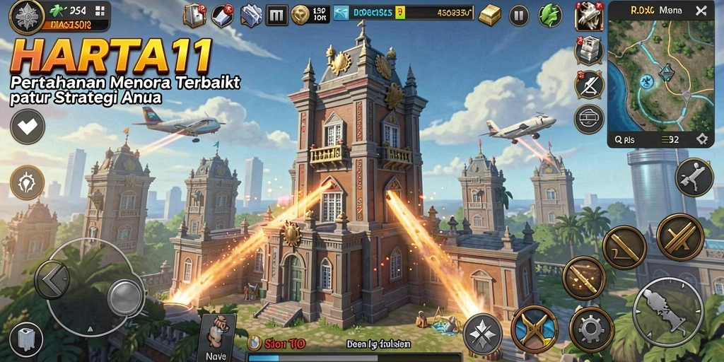 Screenshot HARTA11 menampilkan aksi seru menara pertahanan yang berjuang melawan serangan musuh.