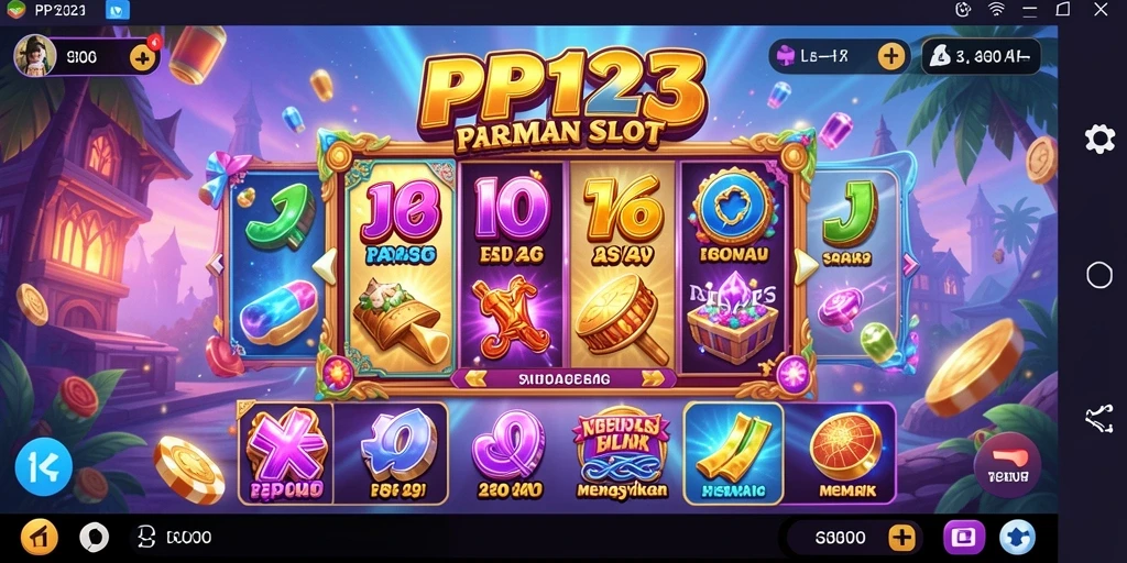 Screenshot gameplay PP123 menampilkan mesin slot yang mengasyikkan dan berwarna-warni.