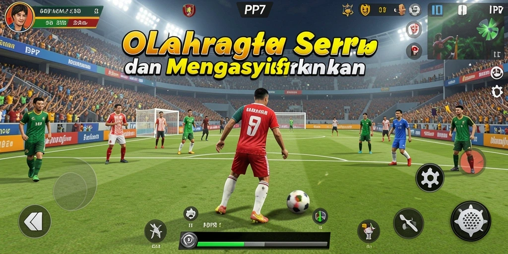 Tampilan utama gameplay PP7 dengan aksi olahraga penuh semangat.