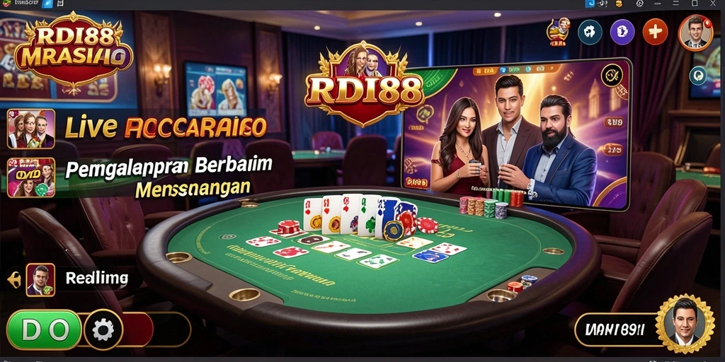 Screenshot menunjukkan dealer langsung dengan pemain dalam permainan Live Casino yang seru.