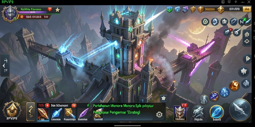Tangkapan layar game Tower Defense RPVIP8 dengan menara yang sedang berfungsi.