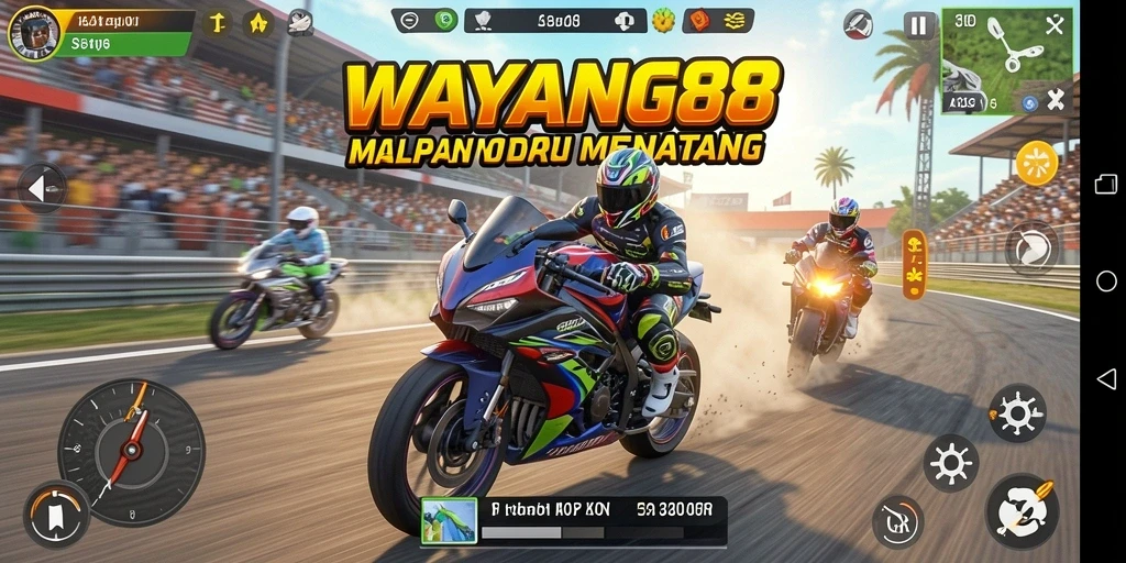 Tampilan gameplay seru di WAYANG88 dengan balapan motor yang menegangkan.