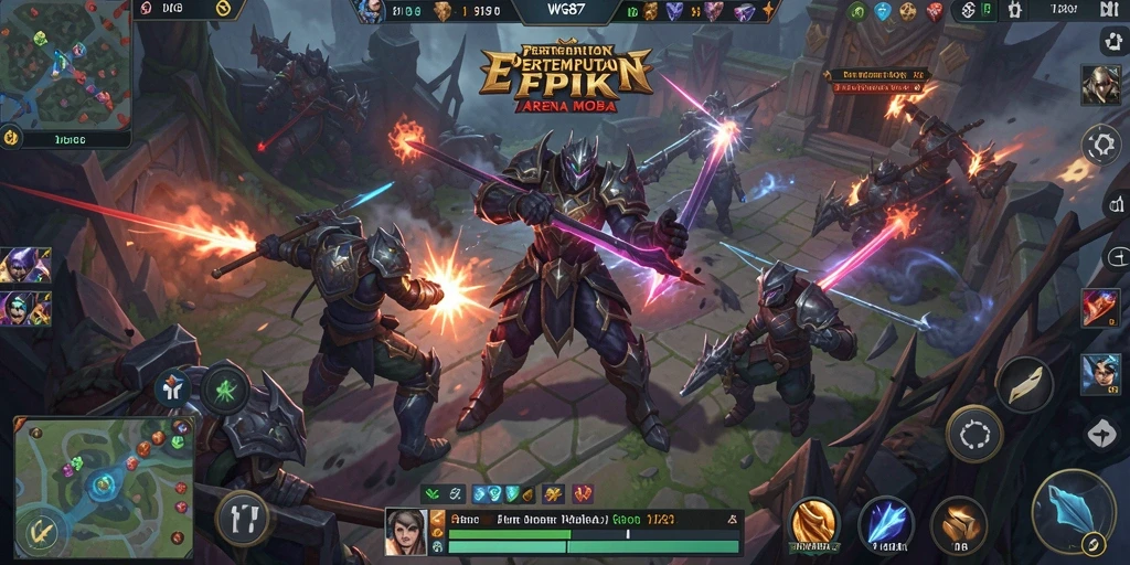 Screenshot gameplay <strong>WG87</strong> yang menunjukkan aksi dentuman di arena MOBA.