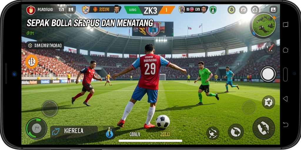 Screenshot gameplay ZK3 yang menampilkan aksi seru pertandingan sepak bola.